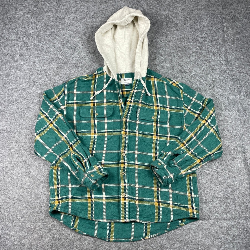 American Eagle Flannel Shirt Mens M Green Plaid Hooded Relaxed Fit Button Down